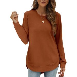 imageOFEEFAN Womens Sweatshirt Crewneck Long Sleeve Shirts High Low Tops Curved HemDcaramel
