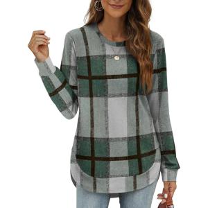 imageOFEEFAN Womens Sweatshirt Crewneck Long Sleeve Shirts High Low Tops Curved HemDgreen Plaid