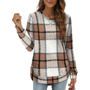 imageOFEEFAN Womens Sweatshirt Crewneck Long Sleeve Shirts High Low Tops Curved HemDyellow Plaid