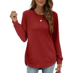 imageOFEEFAN Womens Sweatshirt Crewneck Long Sleeve Shirts High Low Tops Curved HemFburgundy