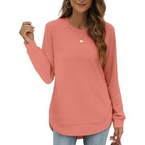 imageOFEEFAN Womens Sweatshirt Crewneck Long Sleeve Shirts High Low Tops Curved HemKcoral