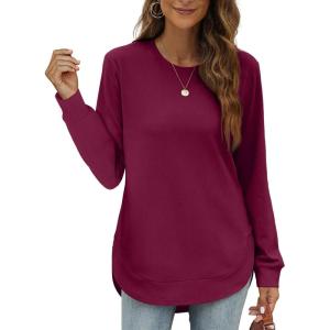 imageOFEEFAN Womens Sweatshirt Crewneck Long Sleeve Shirts High Low Tops Curved HemOpurplish Red