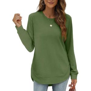 imageOFEEFAN Womens Sweatshirt Crewneck Long Sleeve Shirts High Low Tops Curved HemPgreen