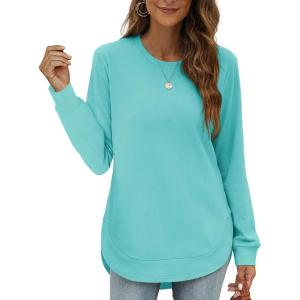 imageOFEEFAN Womens Sweatshirt Crewneck Long Sleeve Shirts High Low Tops Curved HemTturquoise