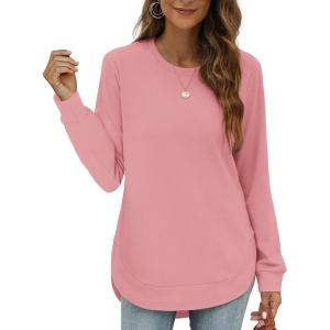 imageOFEEFAN Womens Sweatshirt Crewneck Long Sleeve Shirts High Low Tops Curved HemUgreypink