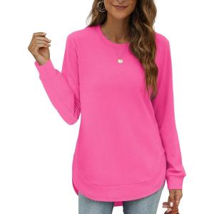 imageOFEEFAN Womens Sweatshirt Crewneck Long Sleeve Shirts High Low Tops Curved HemWhot Pink