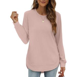imageOFEEFAN Womens Sweatshirt Crewneck Long Sleeve Shirts High Low Tops Curved HemXlight Pink