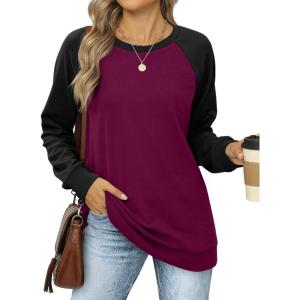 imageOFEEFAN Womens Sweatshirts Trendy Crewneck Long Sleeve Shirts Color Block Pullover Tops ComfyZ Purple Black