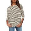imageOFEEFAN Womens Long Sleeve Tops 2024 Striped Shirt Women Drop Shoulder Boat Neck Tops Loose Fit Casual ShirtsApricot Black