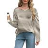imageOFEEFAN Womens Long Sleeve Tops 2024 Striped Shirt Women Drop Shoulder Boat Neck Tops Loose Fit Casual ShirtsApricot Black