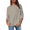 imageOFEEFAN Womens Long Sleeve Tops 2024 Striped Shirt Women Drop Shoulder Boat Neck Tops Loose Fit Casual ShirtsApricot Blue Stripe