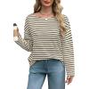 imageOFEEFAN Womens Long Sleeve Tops 2024 Striped Shirt Women Drop Shoulder Boat Neck Tops Loose Fit Casual ShirtsApricot Blue Stripe