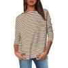 imageOFEEFAN Womens Long Sleeve Tops 2024 Striped Shirt Women Drop Shoulder Boat Neck Tops Loose Fit Casual ShirtsApricot Coffee Stripe