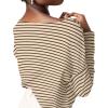 imageOFEEFAN Womens Long Sleeve Tops 2024 Striped Shirt Women Drop Shoulder Boat Neck Tops Loose Fit Casual ShirtsApricot Coffee Stripe