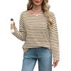 imageOFEEFAN Womens Long Sleeve Tops 2024 Striped Shirt Women Drop Shoulder Boat Neck Tops Loose Fit Casual ShirtsApricot Coffee Stripe