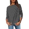imageOFEEFAN Womens Long Sleeve Tops 2024 Striped Shirt Women Drop Shoulder Boat Neck Tops Loose Fit Casual ShirtsBlack White Stripe