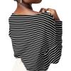 imageOFEEFAN Womens Long Sleeve Tops 2024 Striped Shirt Women Drop Shoulder Boat Neck Tops Loose Fit Casual ShirtsBlack White Stripe