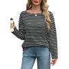 imageOFEEFAN Womens Long Sleeve Tops 2024 Striped Shirt Women Drop Shoulder Boat Neck Tops Loose Fit Casual ShirtsBlack White Stripe