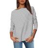 imageOFEEFAN Womens Long Sleeve Tops 2024 Striped Shirt Women Drop Shoulder Boat Neck Tops Loose Fit Casual ShirtsGray White Stripe
