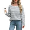 imageOFEEFAN Womens Long Sleeve Tops 2024 Striped Shirt Women Drop Shoulder Boat Neck Tops Loose Fit Casual ShirtsGray White Stripe