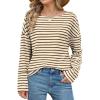 imageOFEEFAN Womens Long Sleeve Tops 2024 Striped Shirt Women Drop Shoulder Boat Neck Tops Loose Fit Casual ShirtsApricot Coffee Stripe