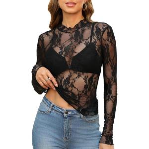 imageFall Long Sleeve Shirts for Women See Through Tops Sexy Undershirts Black Floral 2XL