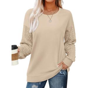 imageOFEEFAN Crewneck Sweatshirts for Women Cable Knit Sleeve Lightweight Fall and Winter Tops 2024
