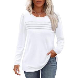 imageOFEEFAN Long Sleeve Shirts for Women Fall Fashion 2025 Dressy Casual Blouses Trendy Pleated Tunic Tops for Leggings0white