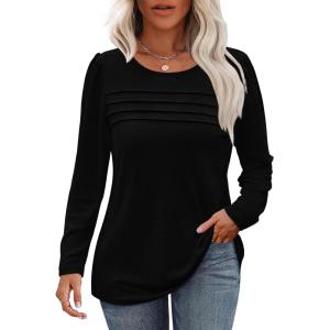 imageOFEEFAN Long Sleeve Shirts for Women Fall Fashion 2025 Dressy Casual Blouses Trendy Pleated Tunic Tops for LeggingsBlack