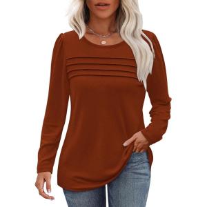 imageOFEEFAN Long Sleeve Shirts for Women Fall Fashion 2025 Dressy Casual Blouses Trendy Pleated Tunic Tops for LeggingsCaramel