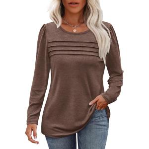 imageOFEEFAN Long Sleeve Shirts for Women Fall Fashion 2025 Dressy Casual Blouses Trendy Pleated Tunic Tops for LeggingsCoffee