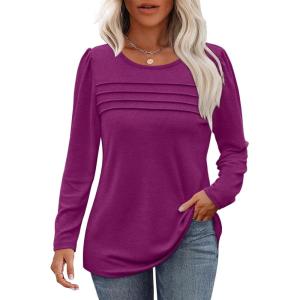 imageOFEEFAN Long Sleeve Shirts for Women Fall Fashion 2025 Dressy Casual Blouses Trendy Pleated Tunic Tops for LeggingsDark Fuschia