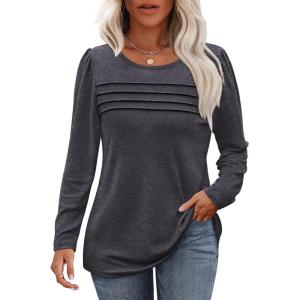 imageOFEEFAN Long Sleeve Shirts for Women Fall Fashion 2025 Dressy Casual Blouses Trendy Pleated Tunic Tops for LeggingsDark Grey