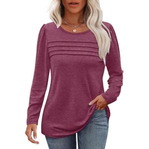 imageOFEEFAN Long Sleeve Shirts for Women Fall Fashion 2025 Dressy Casual Blouses Trendy Pleated Tunic Tops for LeggingsDusty Red