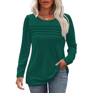 imageOFEEFAN Long Sleeve Shirts for Women Fall Fashion 2025 Dressy Casual Blouses Trendy Pleated Tunic Tops for LeggingsGreen