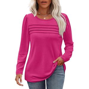 imageOFEEFAN Long Sleeve Shirts for Women Fall Fashion 2025 Dressy Casual Blouses Trendy Pleated Tunic Tops for LeggingsHot Pink
