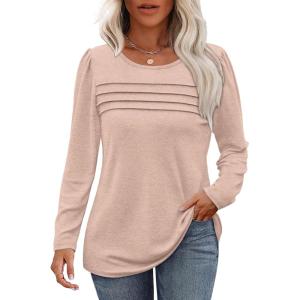 imageOFEEFAN Long Sleeve Shirts for Women Fall Fashion 2025 Dressy Casual Blouses Trendy Pleated Tunic Tops for LeggingsKhaki