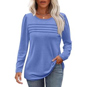 imageOFEEFAN Long Sleeve Shirts for Women Fall Fashion 2025 Dressy Casual Blouses Trendy Pleated Tunic Tops for LeggingsLight Blue