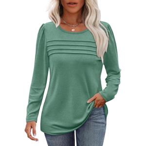 imageOFEEFAN Long Sleeve Shirts for Women Fall Fashion 2025 Dressy Casual Blouses Trendy Pleated Tunic Tops for LeggingsLight Green