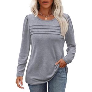 imageOFEEFAN Long Sleeve Shirts for Women Fall Fashion 2025 Dressy Casual Blouses Trendy Pleated Tunic Tops for LeggingsLight Grey