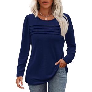 imageOFEEFAN Long Sleeve Shirts for Women Fall Fashion 2025 Dressy Casual Blouses Trendy Pleated Tunic Tops for LeggingsNavy