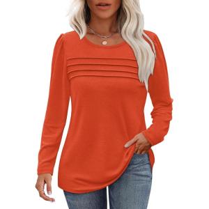 imageOFEEFAN Long Sleeve Shirts for Women Fall Fashion 2025 Dressy Casual Blouses Trendy Pleated Tunic Tops for LeggingsOrange