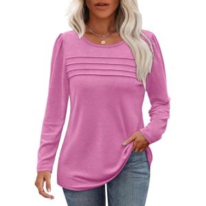 imageOFEEFAN Long Sleeve Shirts for Women Fall Fashion 2025 Dressy Casual Blouses Trendy Pleated Tunic Tops for LeggingsPink
