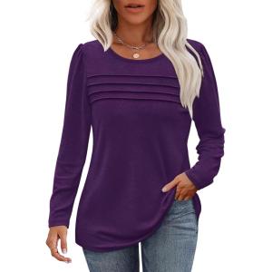imageOFEEFAN Long Sleeve Shirts for Women Fall Fashion 2025 Dressy Casual Blouses Trendy Pleated Tunic Tops for LeggingsPurple