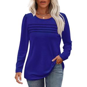 imageOFEEFAN Long Sleeve Shirts for Women Fall Fashion 2025 Dressy Casual Blouses Trendy Pleated Tunic Tops for LeggingsRoyal Blue