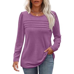 imageOFEEFAN Long Sleeve Shirts for Women Fall Fashion 2025 Dressy Casual Blouses Trendy Pleated Tunic Tops for LeggingsTaro