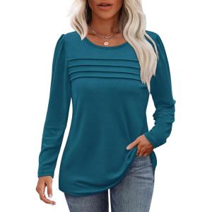 imageOFEEFAN Long Sleeve Shirts for Women Fall Fashion 2025 Dressy Casual Blouses Trendy Pleated Tunic Tops for LeggingsTeal
