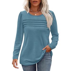 imageOFEEFAN Long Sleeve Shirts for Women Fall Fashion 2025 Dressy Casual Blouses Trendy Pleated Tunic Tops for LeggingsTurquoise