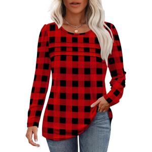 imageOFEEFAN Long Sleeve Shirts for Women Fall Fashion 2025 Dressy Casual Blouses Trendy Pleated Tunic Tops for LeggingsUplaid Black Red