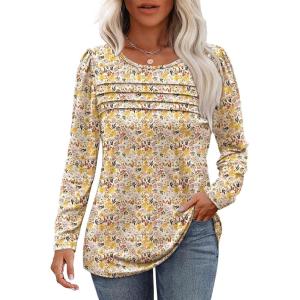 imageOFEEFAN Long Sleeve Shirts for Women Fall Fashion 2025 Dressy Casual Blouses Trendy Pleated Tunic Tops for LeggingsZfloral Beige